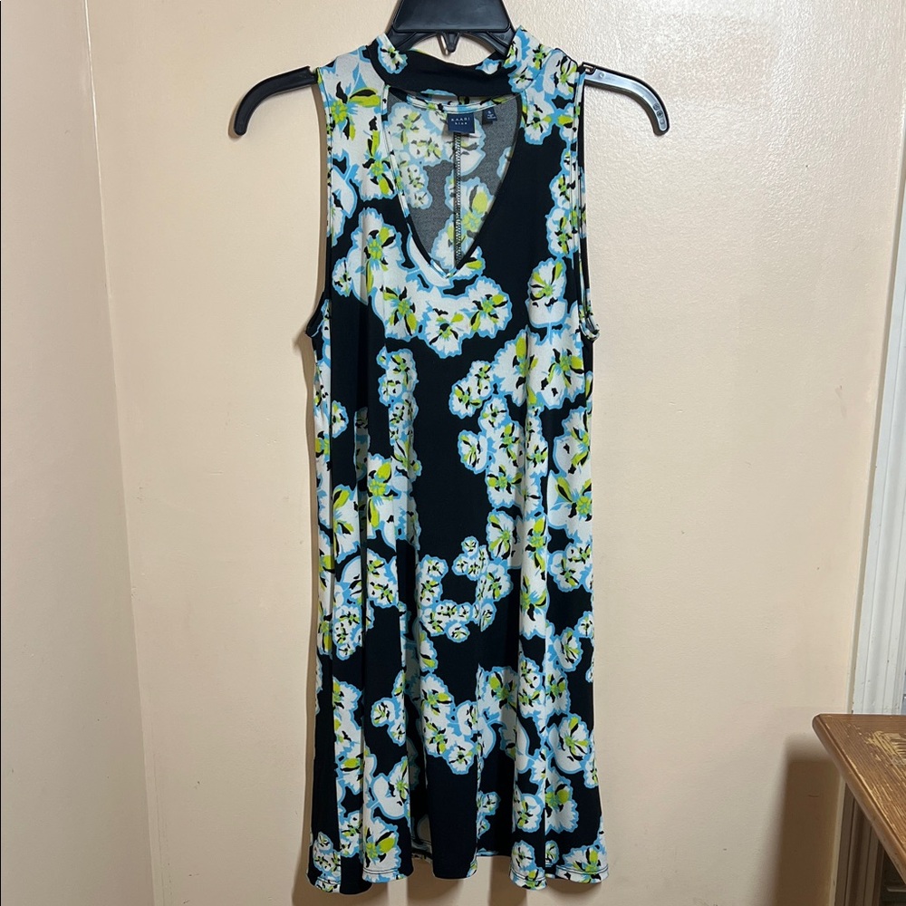 Kaari Blue Black Floral Dress with Sky Blue and Lime Accents